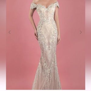 MNM Couture K3555 Bedazzled Off-Shoulder Trumpet Dress